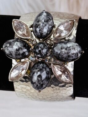 Vintage aged, Silvertone oxidized, colored accent, large cuff, runway bracelet